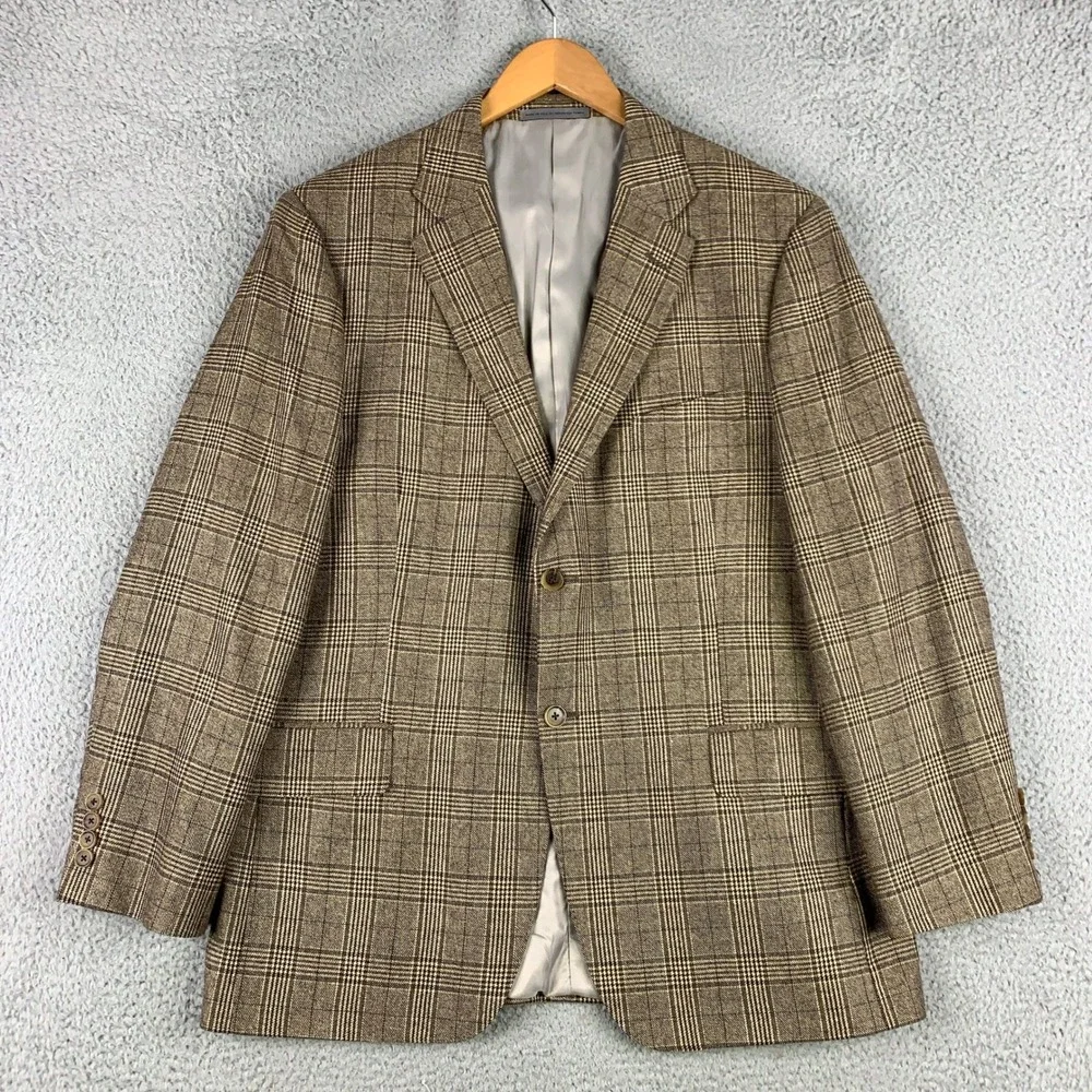 John W. Nordstrom Signature Cashmere Silk Sport Coat Mens 44R Brown Plaid Blazer
